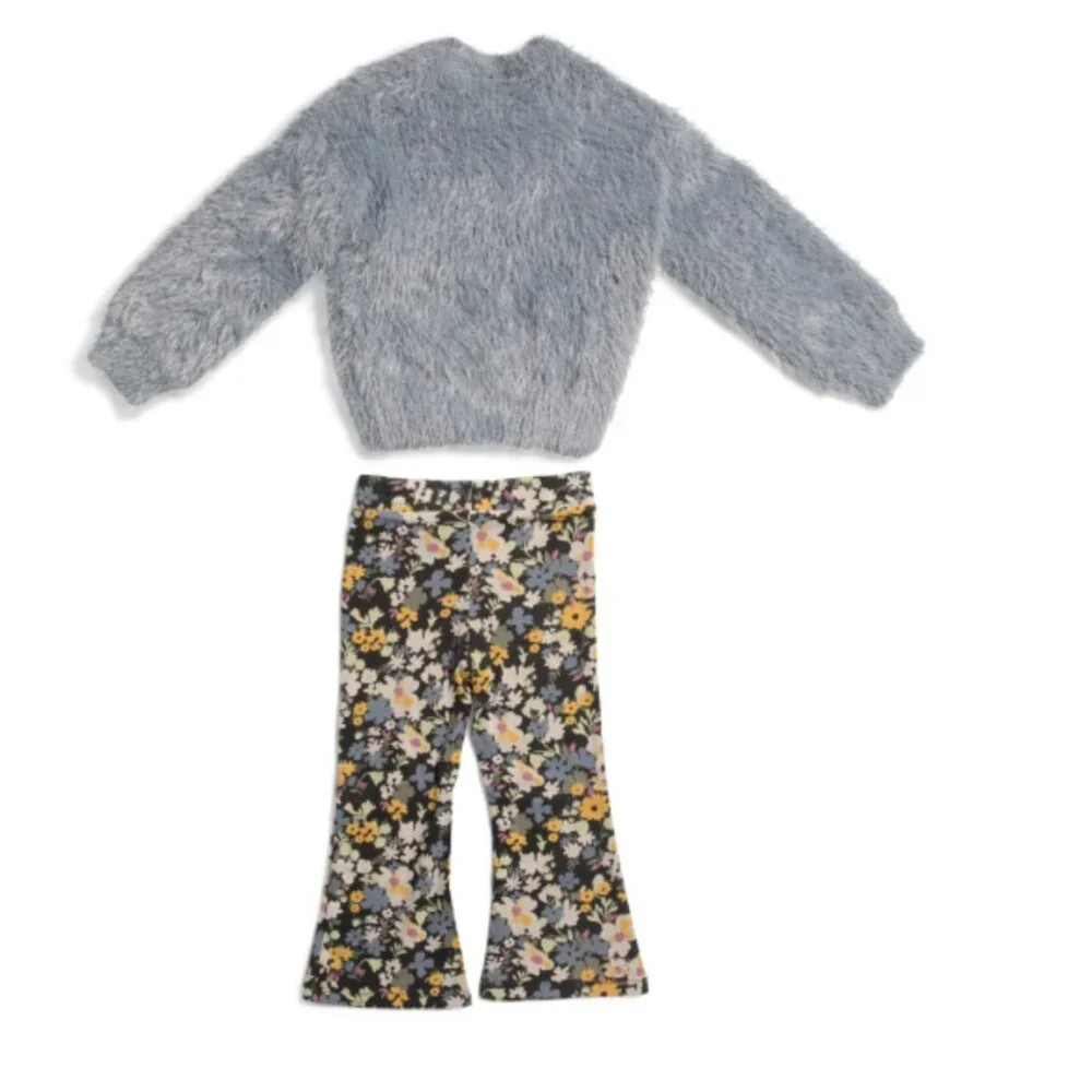 NWT Volcom Girls Long Sleeve Knit Sweater & Flare Floral Pants Set Dusty Blue